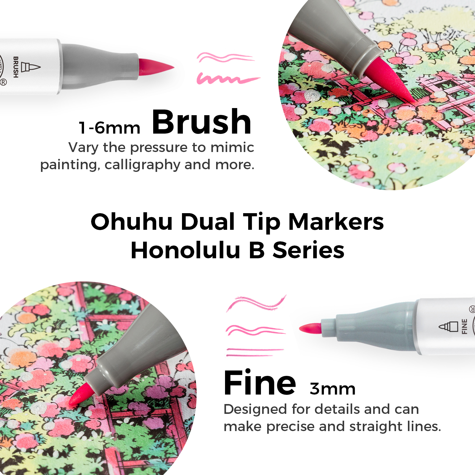 Ohuhu Honolulu B Alcohol Art Markers 320 Beautiful Colours Dual Tip Brush & Fine - Image 3
