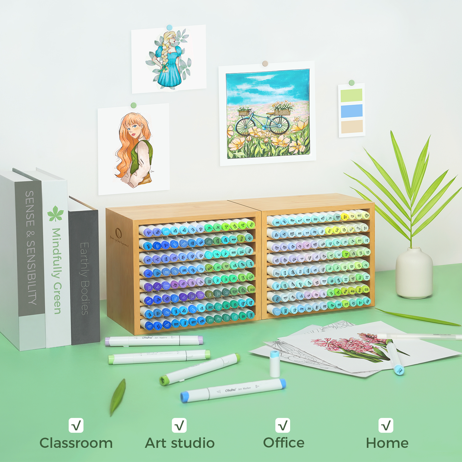 Ohuhu Bamboo Marker Organiser Desktop Storage Holds 112 Markers - Image 3