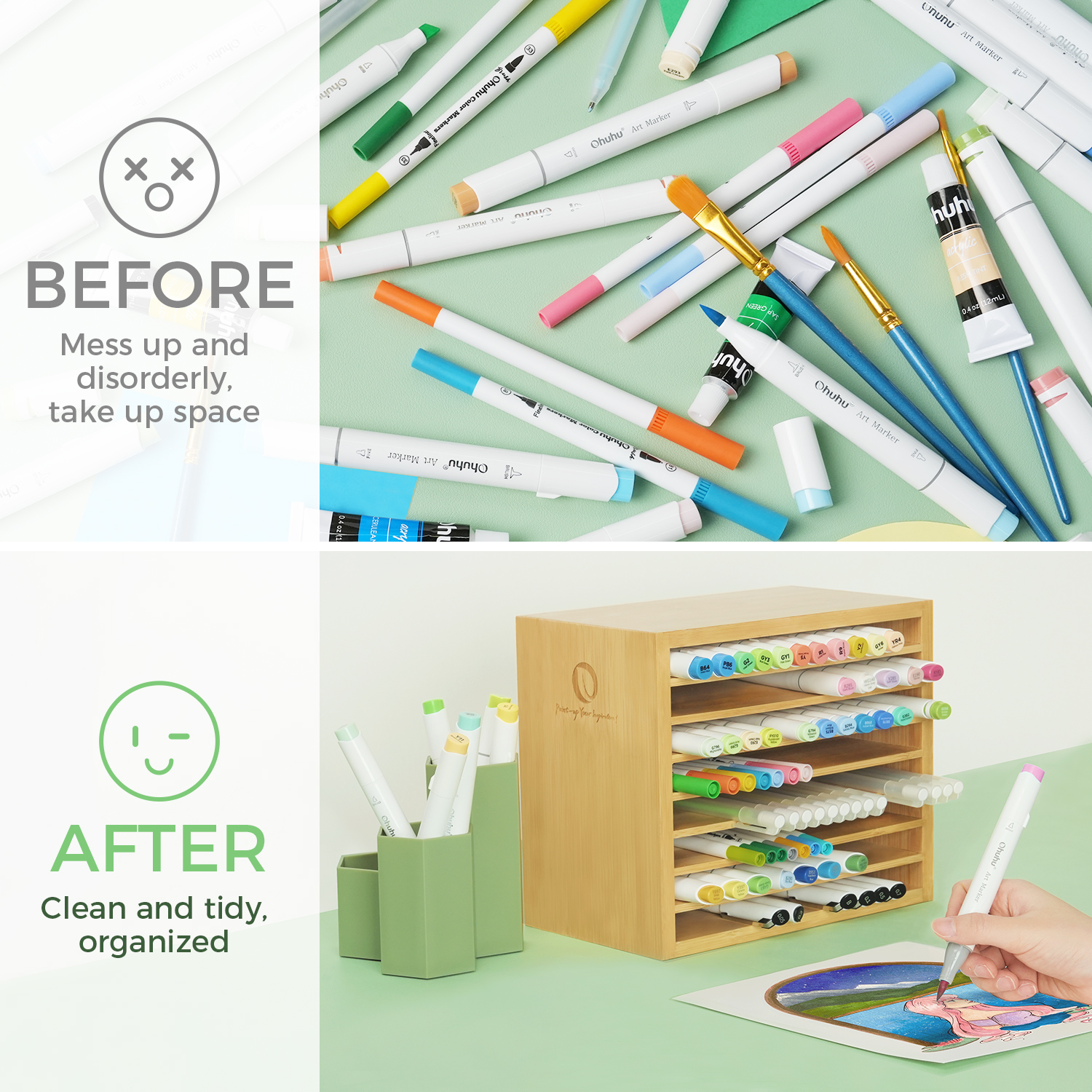 Ohuhu Bamboo Marker Organiser Desktop Storage Holds 112 Markers - Image 5