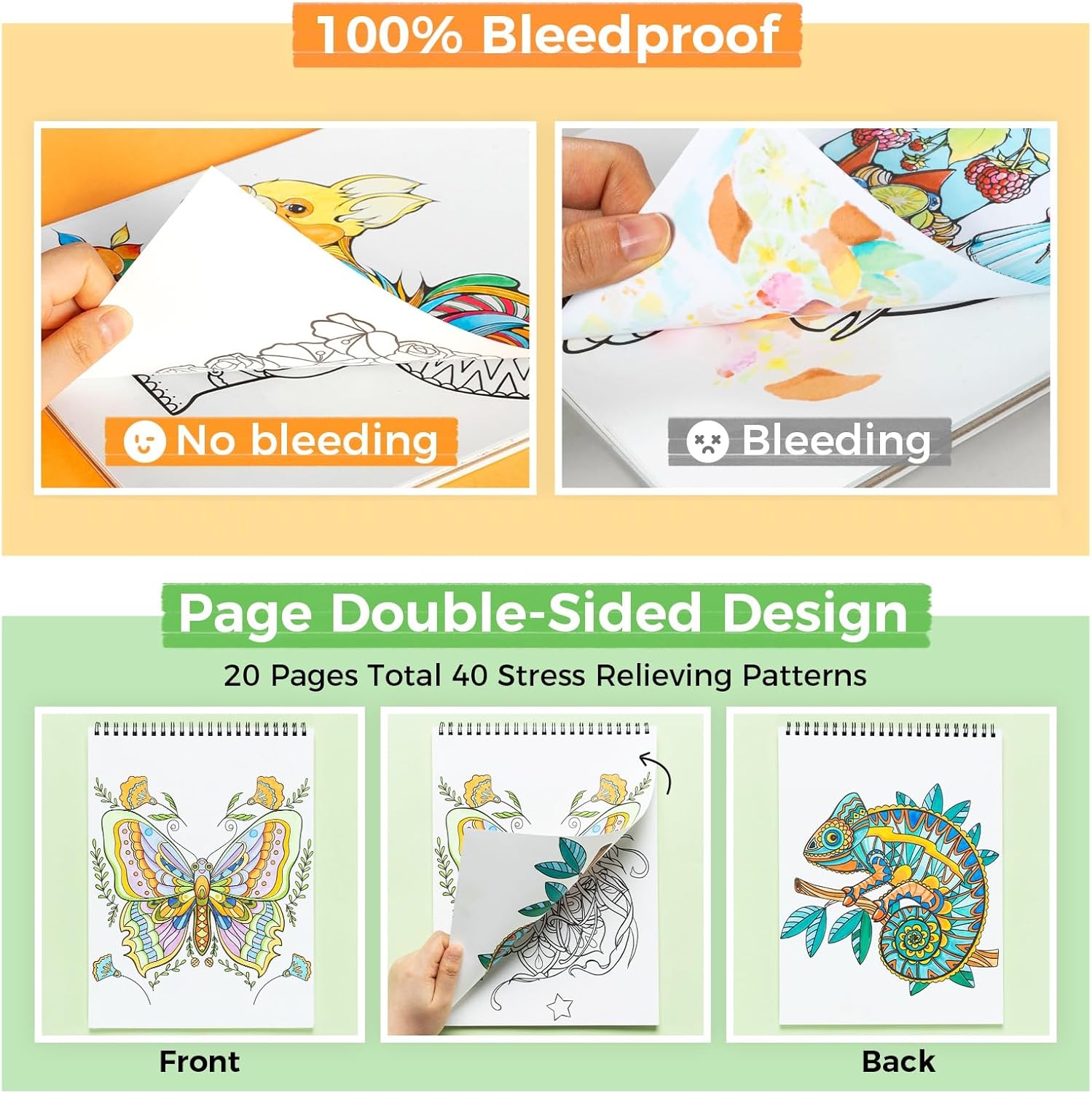 Ohuhu Double Sided Bleed Proof Colouring Book Spiral Bound - Mandala & Animals - Image 6