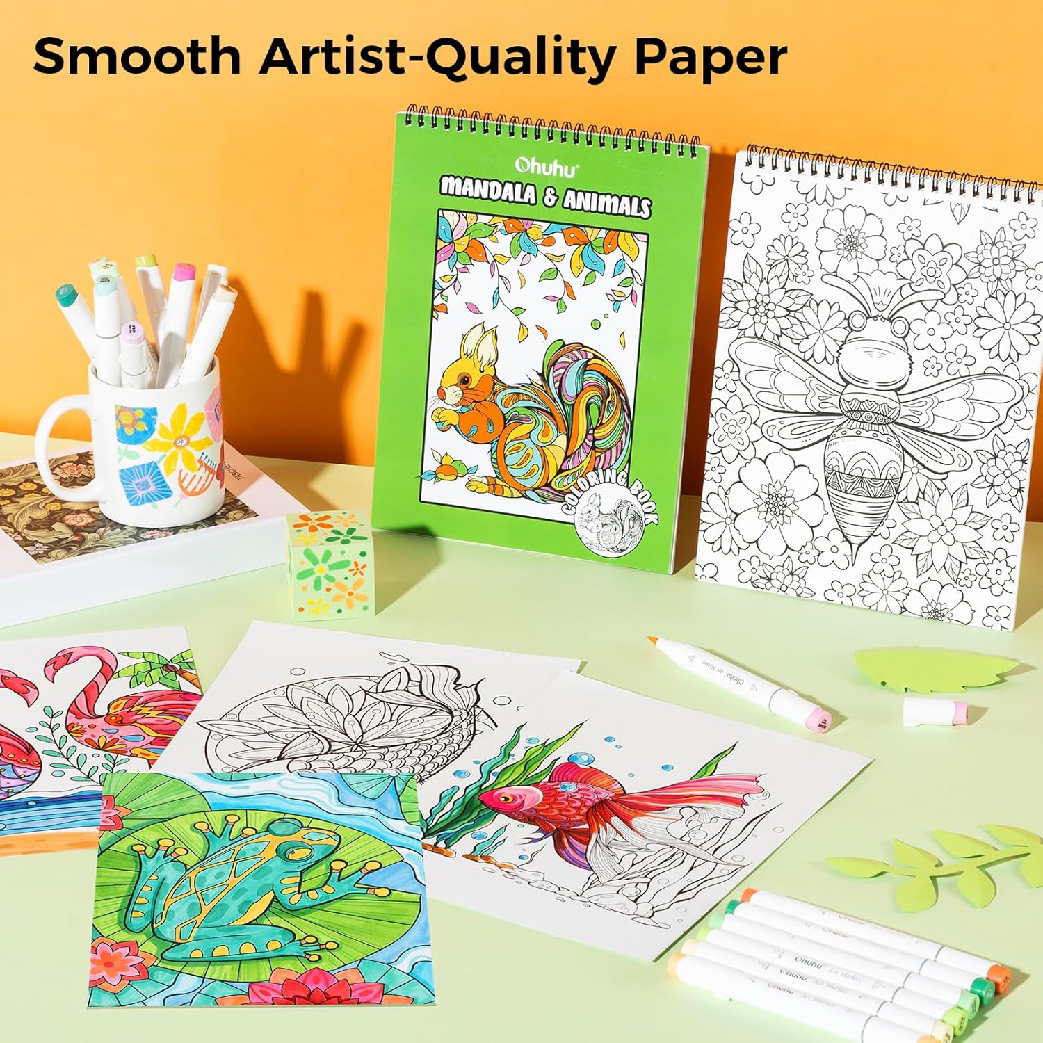 Ohuhu Double Sided Bleed Proof Colouring Book Spiral Bound - Mandala & Animals - Image 3