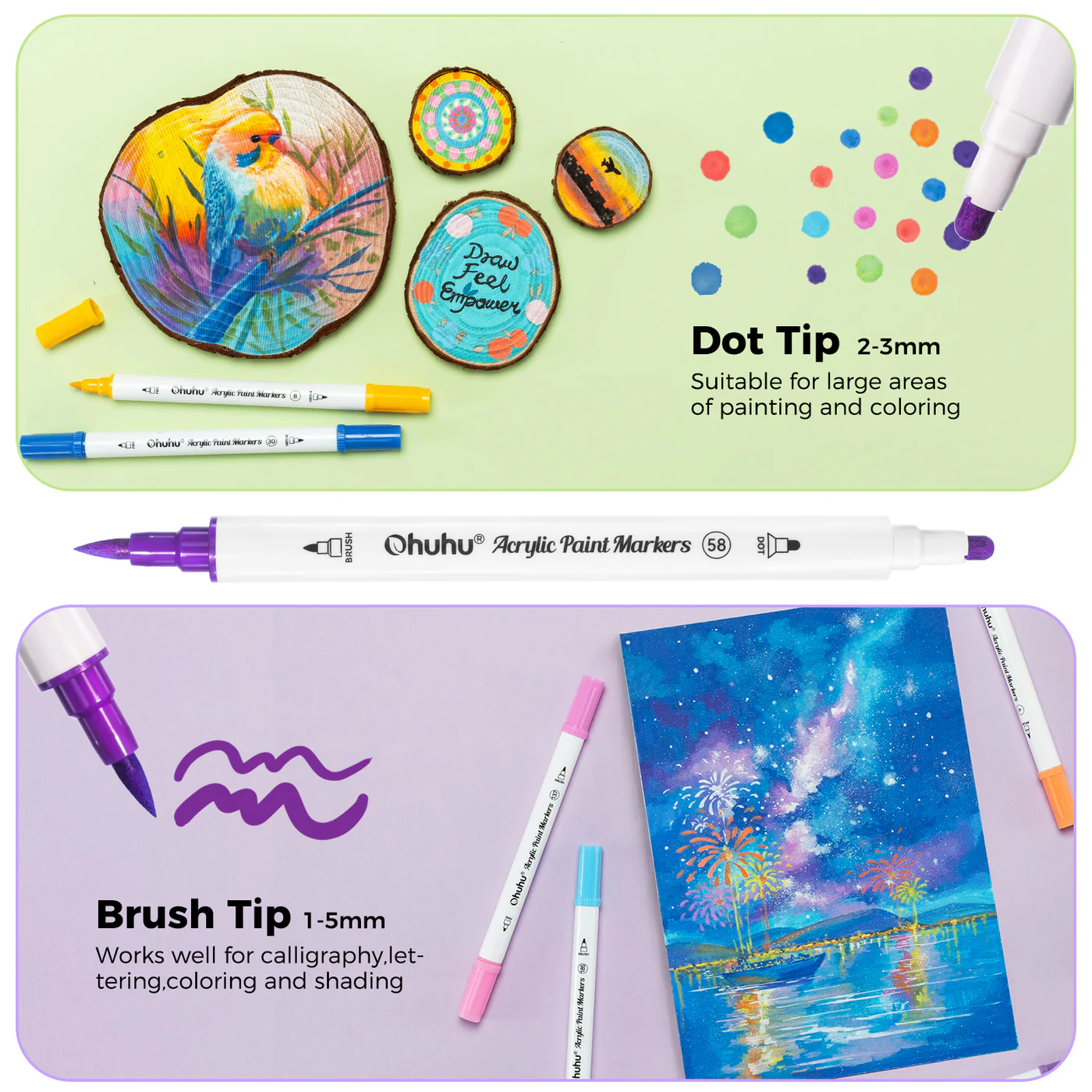 Ohuhu Acrylic Paint Markers Cotton Core 36 Colours Dual Tip Brush & Dot - Image 4