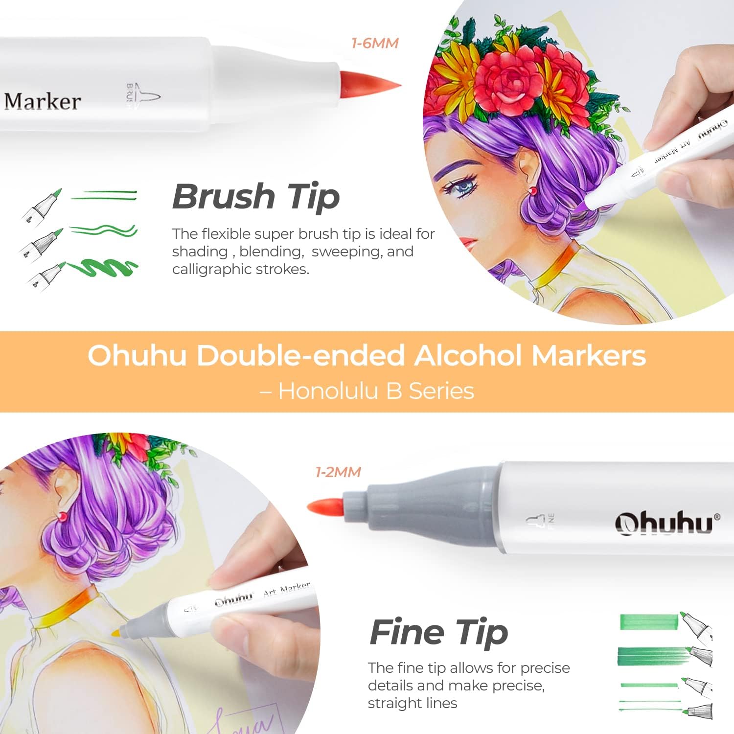 Ohuhu Honolulu B 72 Colours Dual Tip Brush & Fine Alcohol Art Markers - Image 2