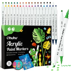 Ohuhu Acrylic Paint Markers Cotton Core 36 Colours Dual Tip Brush & Dot
