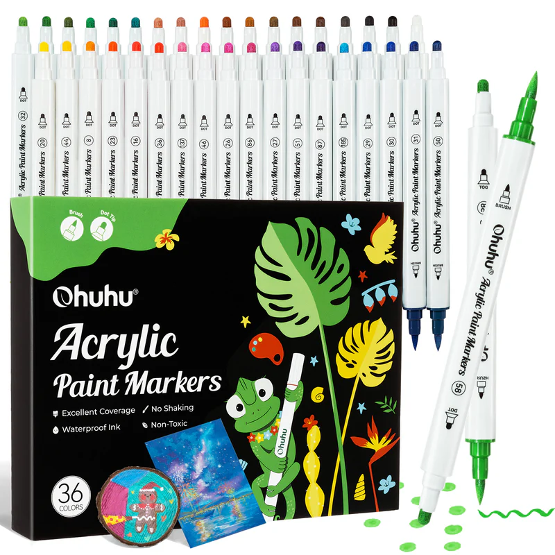 Ohuhu Acrylic Paint Markers Cotton Core 36 Colours Dual Tip Brush & Dot