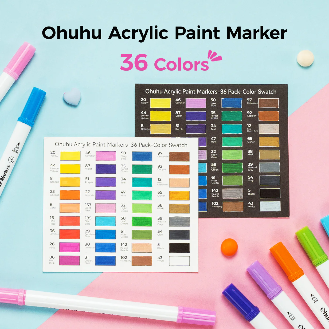 Ohuhu Acrylic Paint Markers Cotton Core 36 Colours Dual Tip Brush & Dot - Image 2